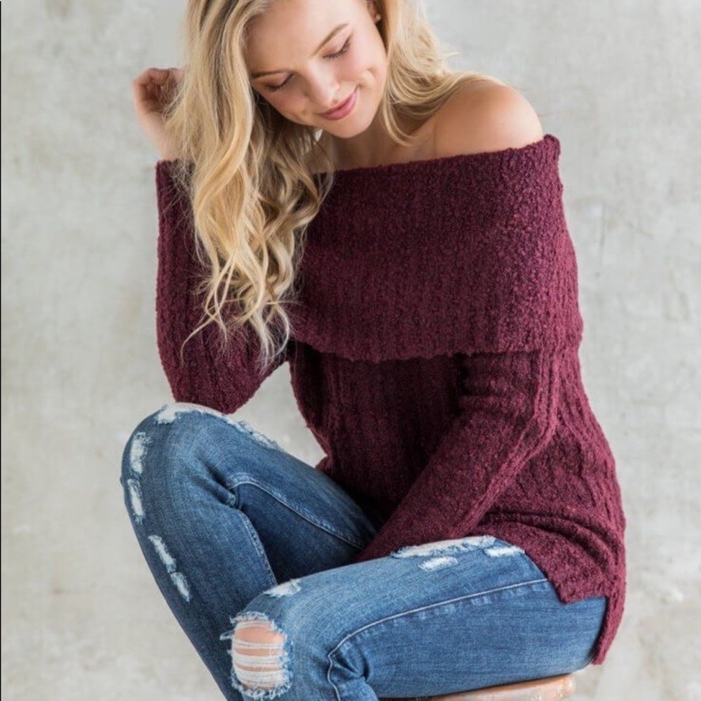 NWOT Francesca’s Anasis Maroon Boucle Off The Shoulder Sweater Purple Plum Alya
